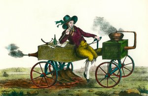 Agriculture: plowing scene with a steam machine in 1834. Anonymous engraving from 1834. Private collection