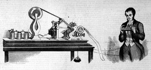 Samuel Finley Breese Morse next to his telegraph. Engraving of the 19th century