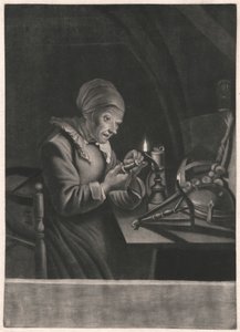 An Old Woman Repairs Her Spinning Wheel by Unknown artist