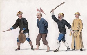 An indictment is taken to court. To attract public attention, red flags are fixed on his head and a man rings the gong. Engraving, in 