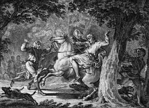 Assassination of Childeric II, 675: the king of the Franks (circa 653-675) was killed in the forest of Lognes by Bodillon, a lord whom he had whipped. Engraving of the 18th century.
