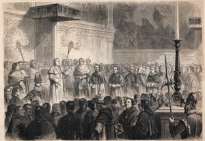Audience given by Pope Pius IX (1792-1878) to foreign ecclesiastics in the Sistine Chapel in Rome on the occasion of the celebrations of the canonization of the 26 