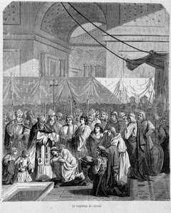 Baptism of Clovis by Anastase II in the Cathedral of Reims on December 25, 498 - in Histoire des Papes, vol. 1, Maurice Lachatre