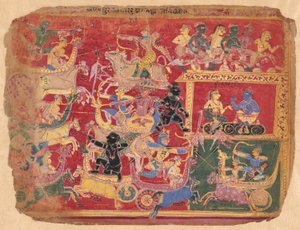 Battle of the Forces of Krishna and Bana, from a copy of the Dispersed Bhagavat Purana
