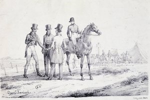 Bet on the edge of the racefield with a jockey on horseback - lithography, early 19th century by Unknown artist
