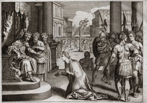 Bible of Royaumont, Old Testament: Punishment of Haman. Xerxes I hangs Haman from the gallows he had prepared for Mordecai, and retracts the Death Edict which he had published throughout his kingdom against the Jews. Illustration from 1811. by Unknown artist