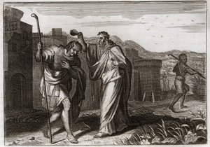 Bible of Royaumont, Old Testament: Rite of Saul. Samuel, by order of God, sacred Saul to be King of the Jews. Illustration from 1811 by Unknown artist