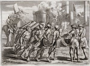 Bible of Royaumont, Old Testament: Taken of Jericho. The Walls of Jericho fall to the ground to the sound of the trumpets of the Priests who preceded the Ark of the Covenant of the Lord. Illustration from 1811. by Unknown artist