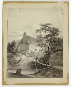 Boy on Bridge Outside a Cottage
