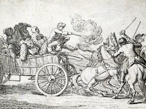 Brigands attacking passengers on a cart. Engraving by an 18th century anonymous. by Unknown artist