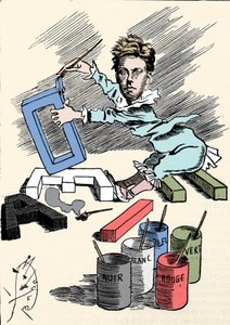 Cartoon depicting the poet Arthur Rimbaud covering alphabet letters with painting. Engraving from 