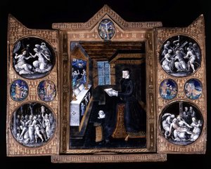 Catherine de Medicis (Caterina de Medici) (1519-1589) in prayer - triptych email and leather