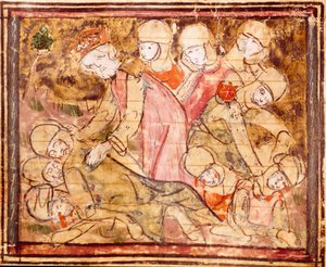 Charlemagne (742-814) Finds the Body of His Nephew Roland Who Died at the Battle of Roncesvaux. Miniature from 