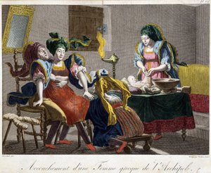 Childbirth in Greece - engraving, late 19th century by Unknown artist