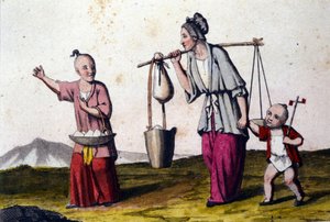 A woman carrying water accompanied by 2 children