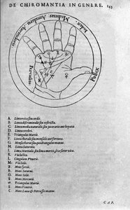 Chiromancy and divinatory prediction: representation of the different lines of the hand allowing the interpretation of the personality. Frontispiece of the 