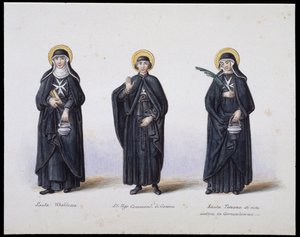 Costumes: 1. Santa Ubaldesca, 2. St Ugo Commendant di Genova, 3. Santa Toscana di vita. 19th century by Unknown artist