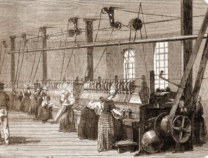 Cotton weaving workshop (1860 engraving)