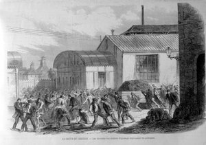 Creusot strike. The workers of the adjustment shops repelling the strikers (engraving)