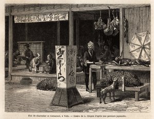 Customers eat sitting on the stage of a restaurant and the neighbour of a butcher present to passers-by, under a big bamboo mesh bell a boar, hanging, its finest pieces of game, such as the squirrel, the hare or the monkey, whose climbing faces become the