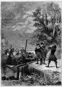 Denis Papin (1647-1712) physicist, mathematician and French inventor, looks at his boat equipped with his new invention, a steam machine system still unknown, destroyed by boatmen to sell some pieces. Engraving in La Nature by Unknown artist
