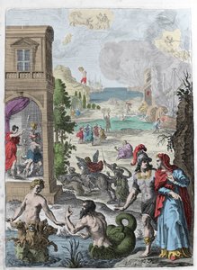 Different Metamorphoses, in the Foreground Scylla and the Marine God Glaucos in Love with Her, in the Background the Hanged Iphis Rejected by Anaxarete. Illustration from Book XIV of 