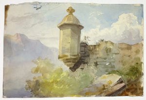 Domed Lookout on Wall in Mountain Landscape; Figures Crossing Bridge before Mountain