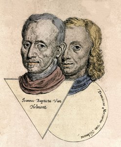 Double portrait of the Belgian chemist Jean Baptiste von Helmont and François Mercure van Helmont. Engraving