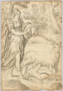 Drawing: A) Rhea and the Infant Jupiter. B) St. Francis of Assisi by Unknown artist