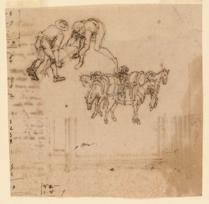 Drawing: Two men carrying a trunk; four mules with a driver. Project for a frame by Unknown artist