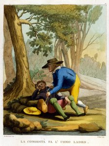 Ease makes man a thief. Illustration from a collection of 18th century proverbs.