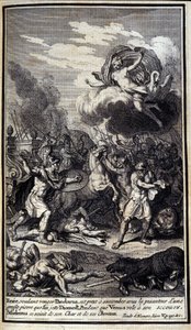 Enee, wanting to avenge Pandaros, is ready to succumb under the gravity of a big stone that Diomede throws. While Venus flies to his rescue, Sthelenos grabbed his chariot and horses. Illustration of book V of the Iliad of Homer, French edition by Unknown artist