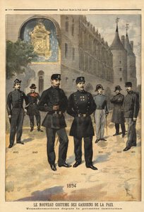 Evolution of uniforms of peacekeepers from 1860 to 1894, in front of the clock tower of the Concierge, Paris