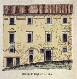 Facade of the house where the painter Raffaello Santi (Raphael) (1483 - 1520) lived in Urbino, Italy