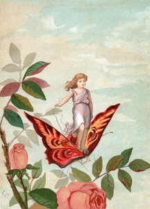 Fairy Riding a Butterfly Among Roses by Unknown artist
