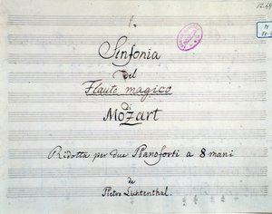First page of the symphony score reduced to two pianos and eight hands of Die Zauberflote, opera by Mozart, Lichtenthal version by Unknown artist