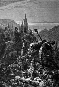 Francois I remained in the saddle the night before the Battle of Marignan, September 1515. Engraving of the 19th century by Unknown artist