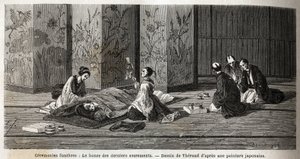 Funeral ceremonies: the monk of the last sacraments. Engraving to illustrate the voyage to Japan in 1863-1864, by Aime Humbert, minister of the Swiss Confederation, in Le tour du monde, nouveau journal des voyages, published under the direction of Edouard by Unknown artist