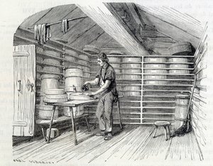 Gruyère cheese shop in a Swiss chalet (washing the crust) - in 