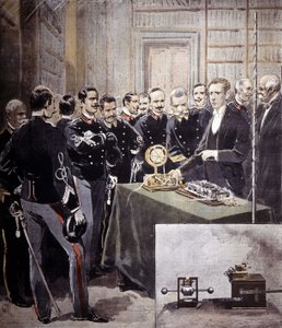 Guglielmo Marconi presented the wireless telegraph at a conference at the Ministry of the Navy in 1897. by Unknown artist