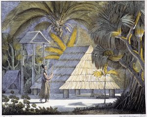 Habitat on the Radak Islands, Marshall Islands archipelago. 19th century engraving. by Unknown artist