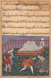 Hearing her declaration of love, Ayaz falls at the feet of Mahmuda at the holy shrine. The scene is witnessed by Salim, Ayaz’s friend, and a maid, from a Tuti-nama (Tales of a Parrot): Thirty-third Night