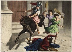 Heliodorus was driven out of the temple: on the orders of his ruler, he tried unsuccessfully to seize the treasures of the temple of Jerusalem. Anonymous engraving from the mid-19th century. by Unknown artist