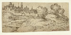 Hill Town with Trees in Foreground by Unknown artist