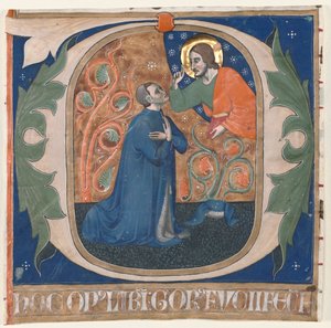 Historiated Initial (O) Excised from an Antiphonary: The Donor, Gorus Fucci, Kneels before Christ by Unknown artist