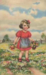 Historic Postcard with a Happy Girl on the Meadow