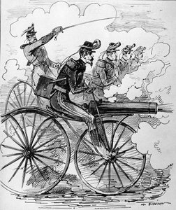 Humorous Engraving: Velocipedomania Applied to Machine Guns - 19th Century