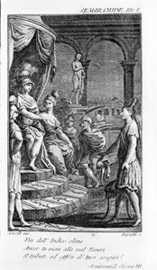 Illustration of Semiramis, opera by Antonio Salieri (1750 - 1825). Booklet by Pierre Metastase (or Pietro Metastasio). Act I, sc. III.