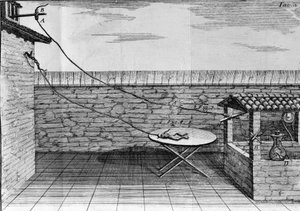 Illustration of experiments by Luigi Galvani, Italian physicist and physician (1737 - 1798) explaining the passage of electric current moving the legs of a frog.
