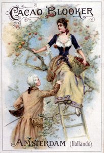 Advertisement for Blooker cocoa representing a young man in 18th century fashion helping a young woman down a ladder. by Unknown artist